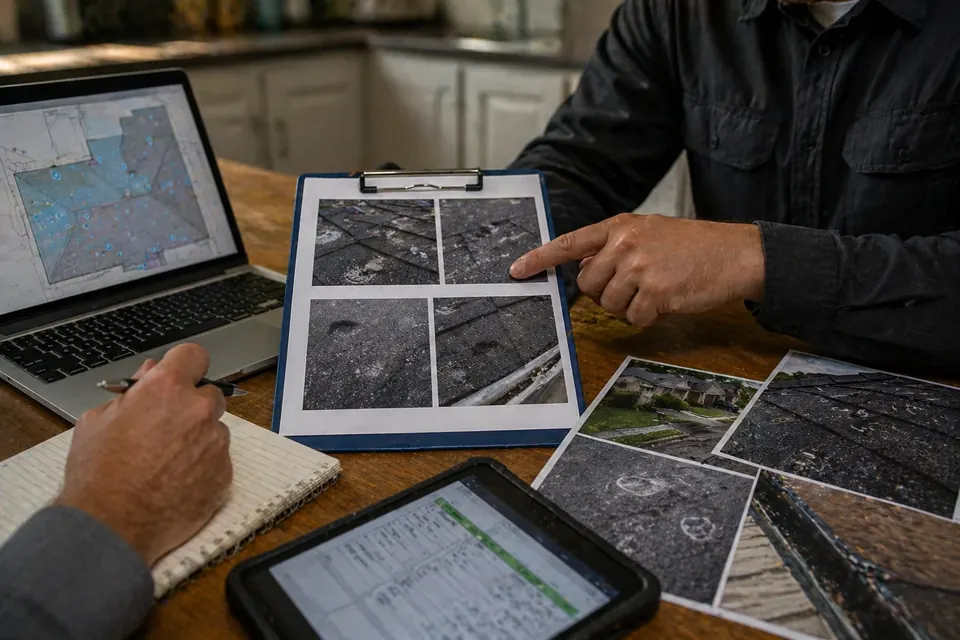 Public adjuster documenting hail damage on a McAllen home roof