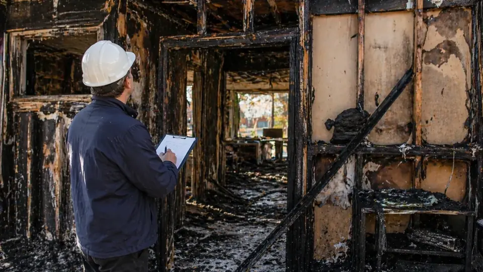 Soot-stained ceiling and walls inside a McAllen, Texas home after a fire