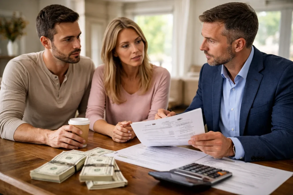 Public adjuster contract and fee disclosure being reviewed by a homeowner